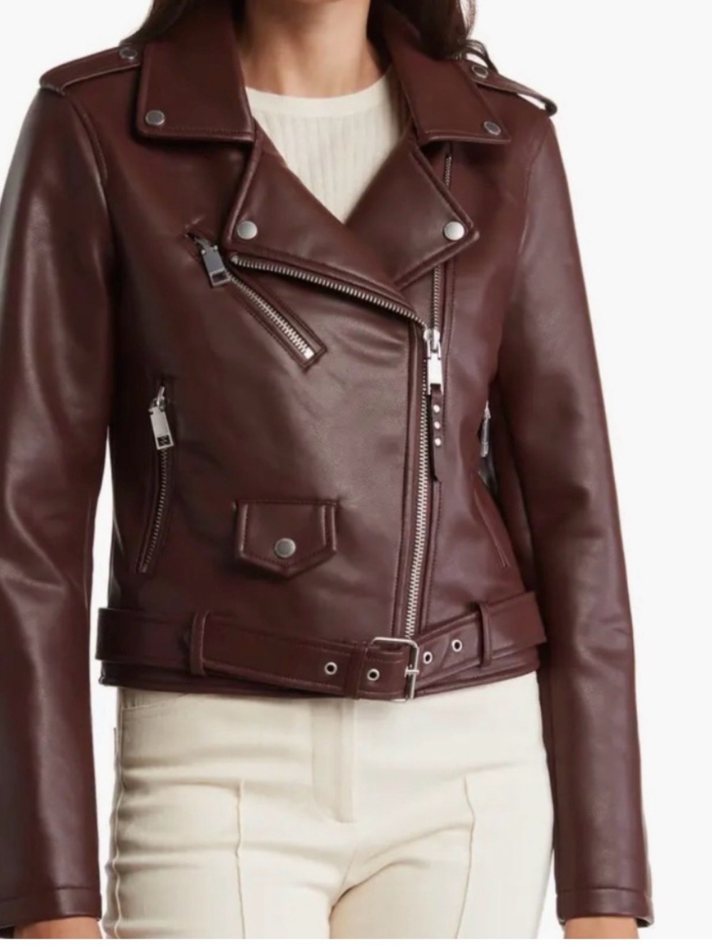 Rebecca Minkoff Burgundy Faux Leather Moto Jacket, Size Small